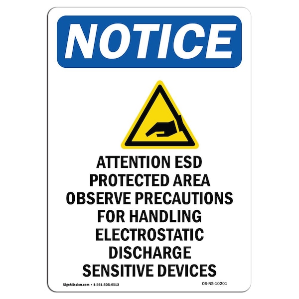 Safety Sign, OSHA Notice, 24" Height, Aluminum, Attention ESD Protected Sign With Symbol, Portrait